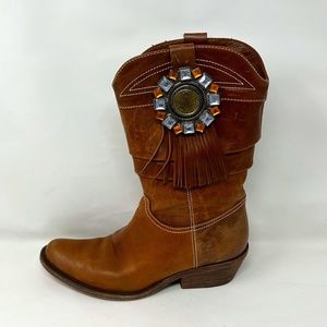BCBG MaxAzria Jewel Embellished Brown Leather Cowboy Mid Calf Pull-on Boots
